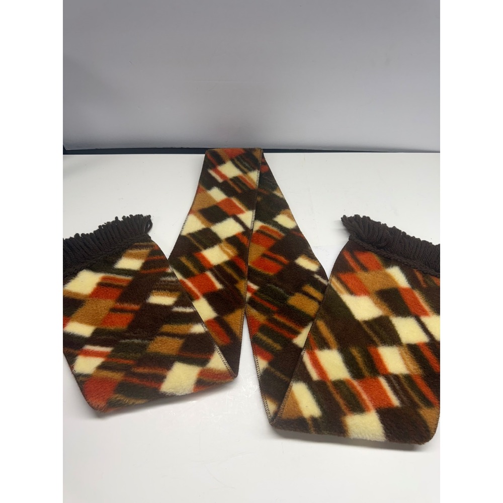 Vintage Geometric Block Fleece Scarf Brown Orange Tan Fringe Winter Wrap